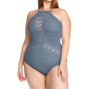 Farbe Spielen Spitze hochgeschlossen One Piece Badeanzug – Plus in Stahl