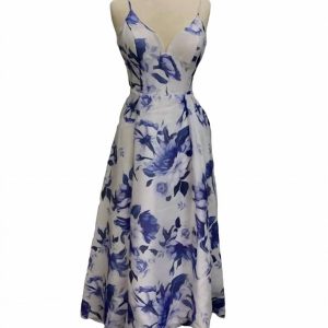 Anne Asymmetrisches Blumenkleid in Weiß/Blau