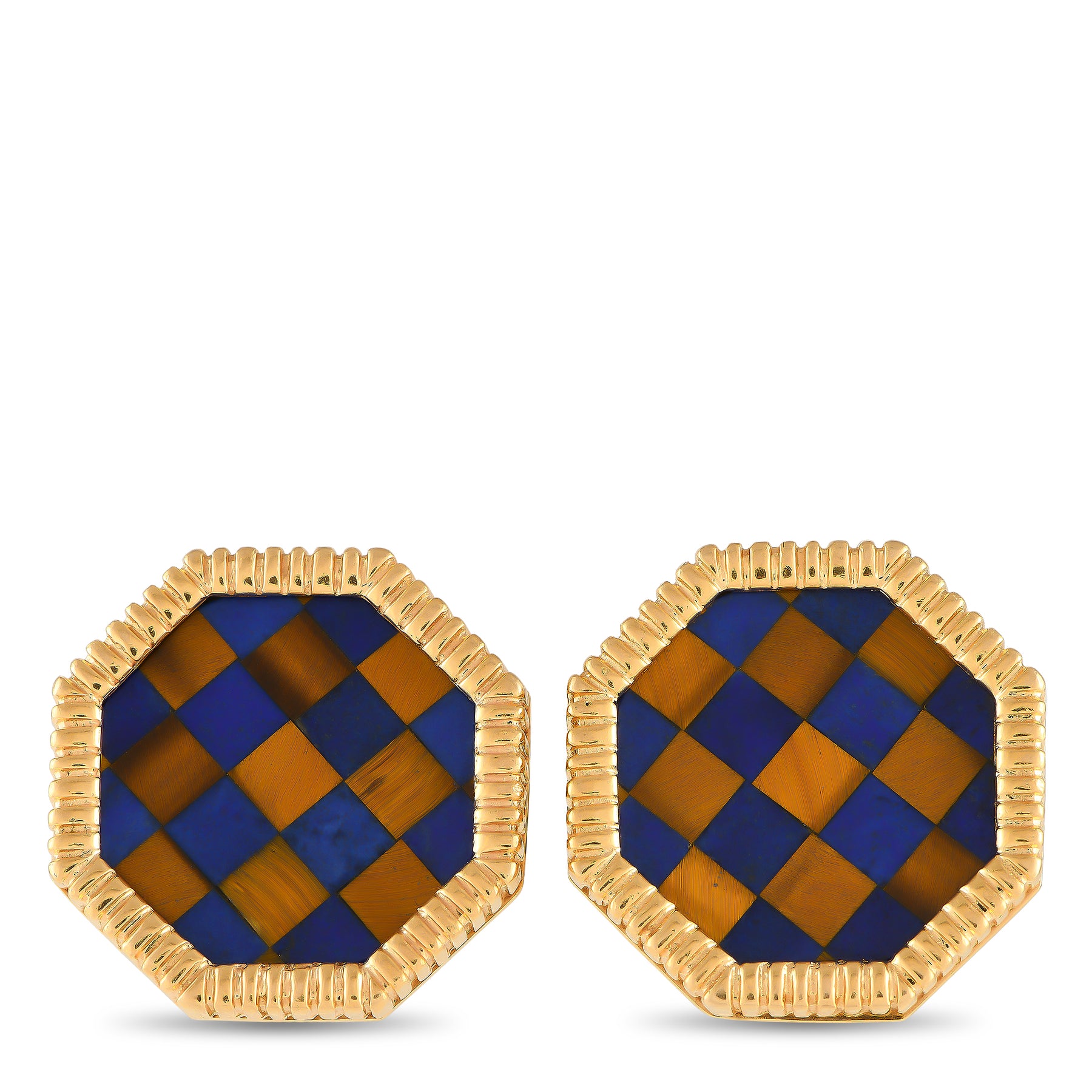 LB Exclusive 14K Gelbgold Tigers Auge und Lapis karierten Manschettenknöpfe MF13 -012424