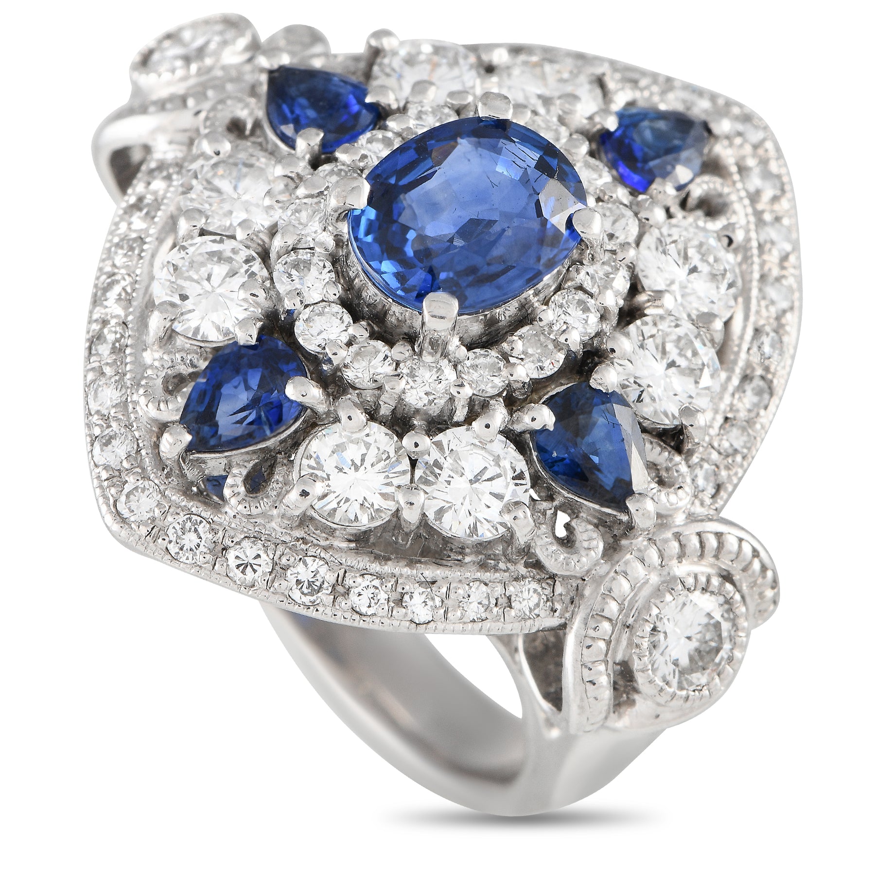 LB Exclusive 18K Weißgold 1,02ct Diamant und Saphir Art Deco Statement Ring MF04 -012424
