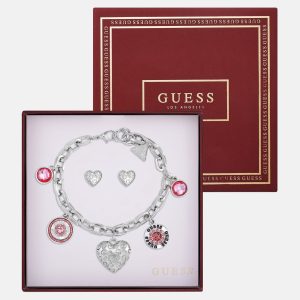 Silber-Ton Herz Charm Armband und Ohrringe Box Set