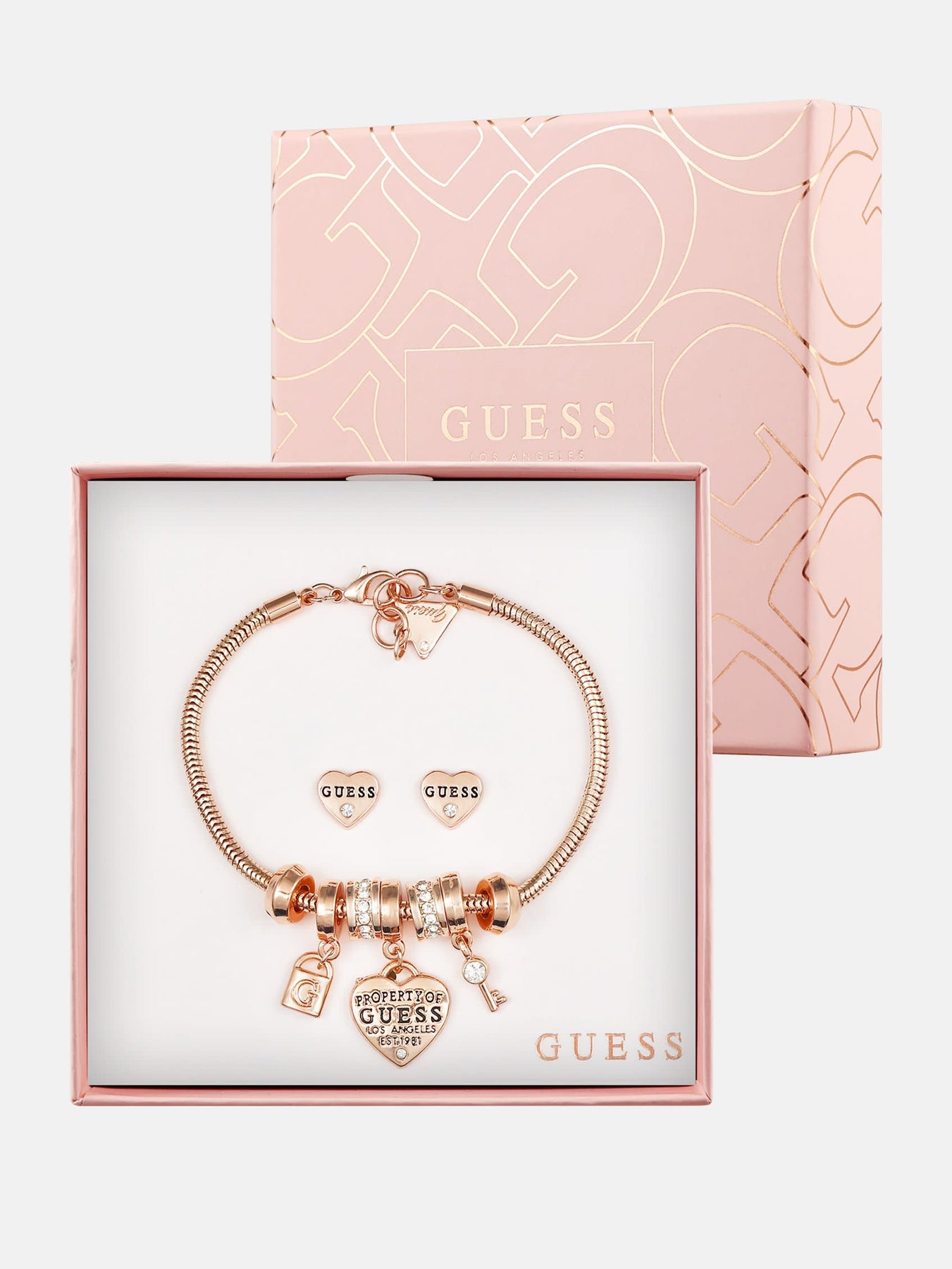 Roségold-Ton Charm Armband und Herz Ohrringe Box Set