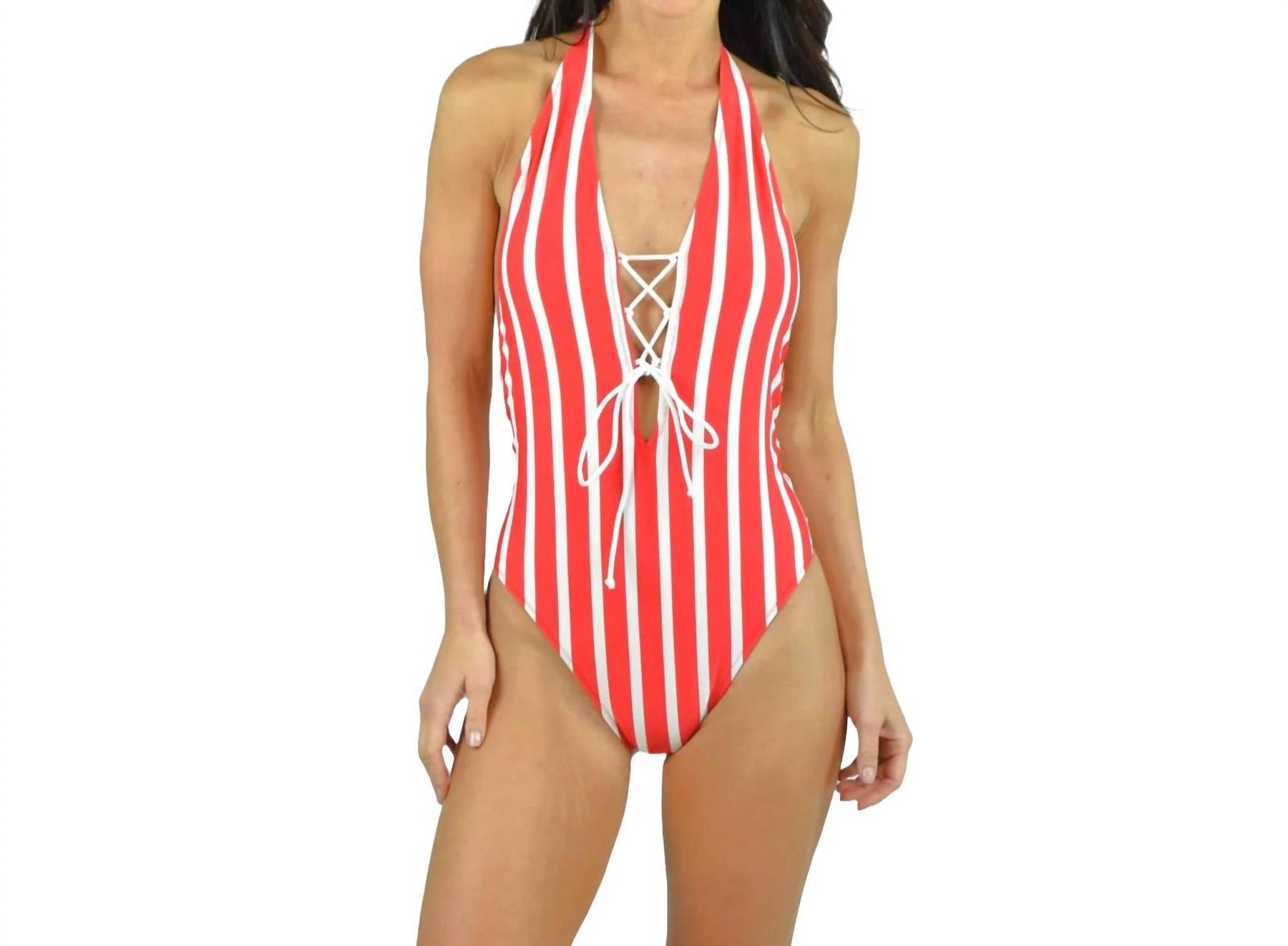 Stripe Laced Halter vorne One Piece Badeanzug in Rot/Elfenbein
