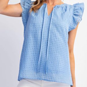 Wing Ärmel Quadratisches Muster Top in Blau