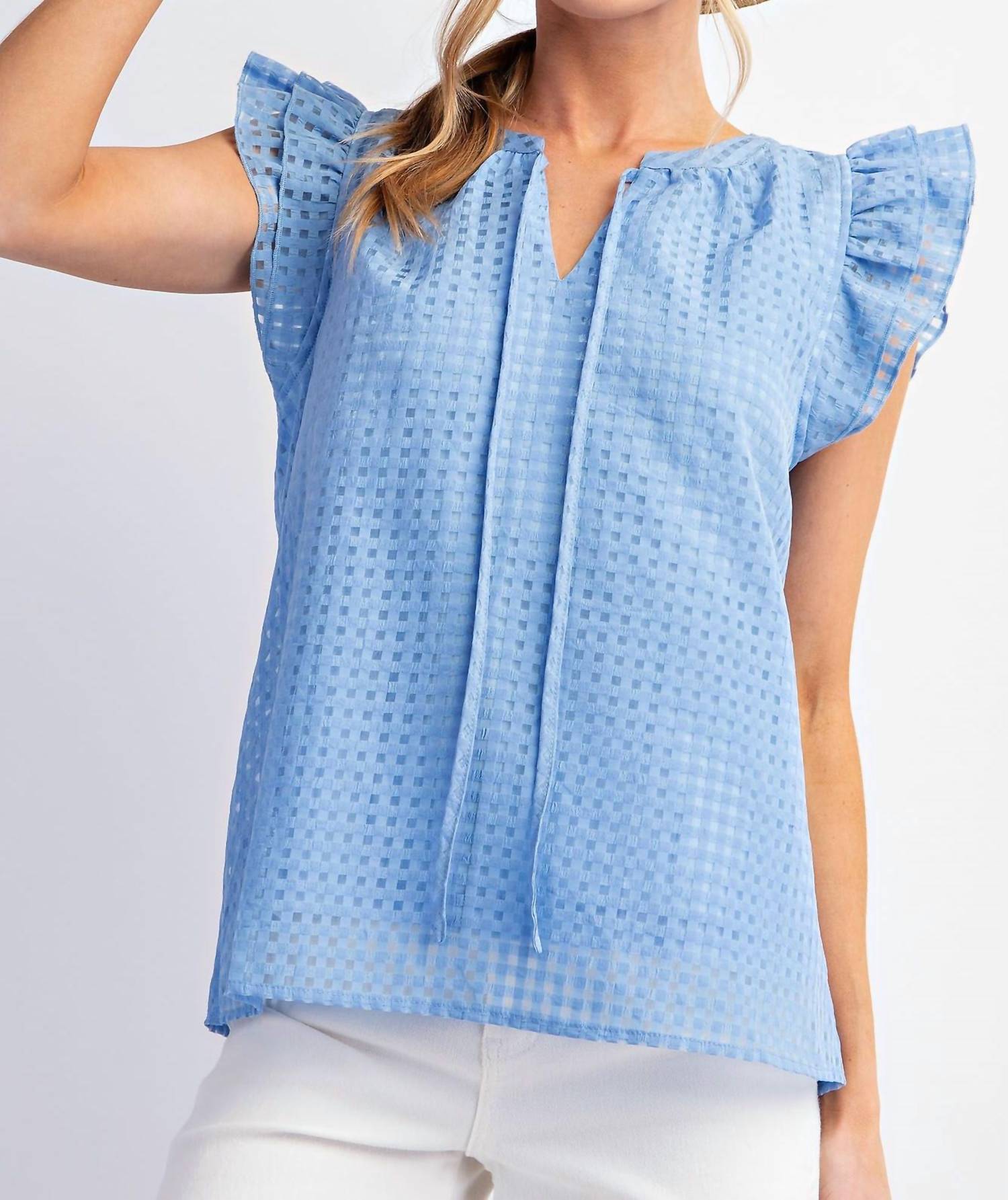 Wing Ärmel Quadratisches Muster Top in Blau