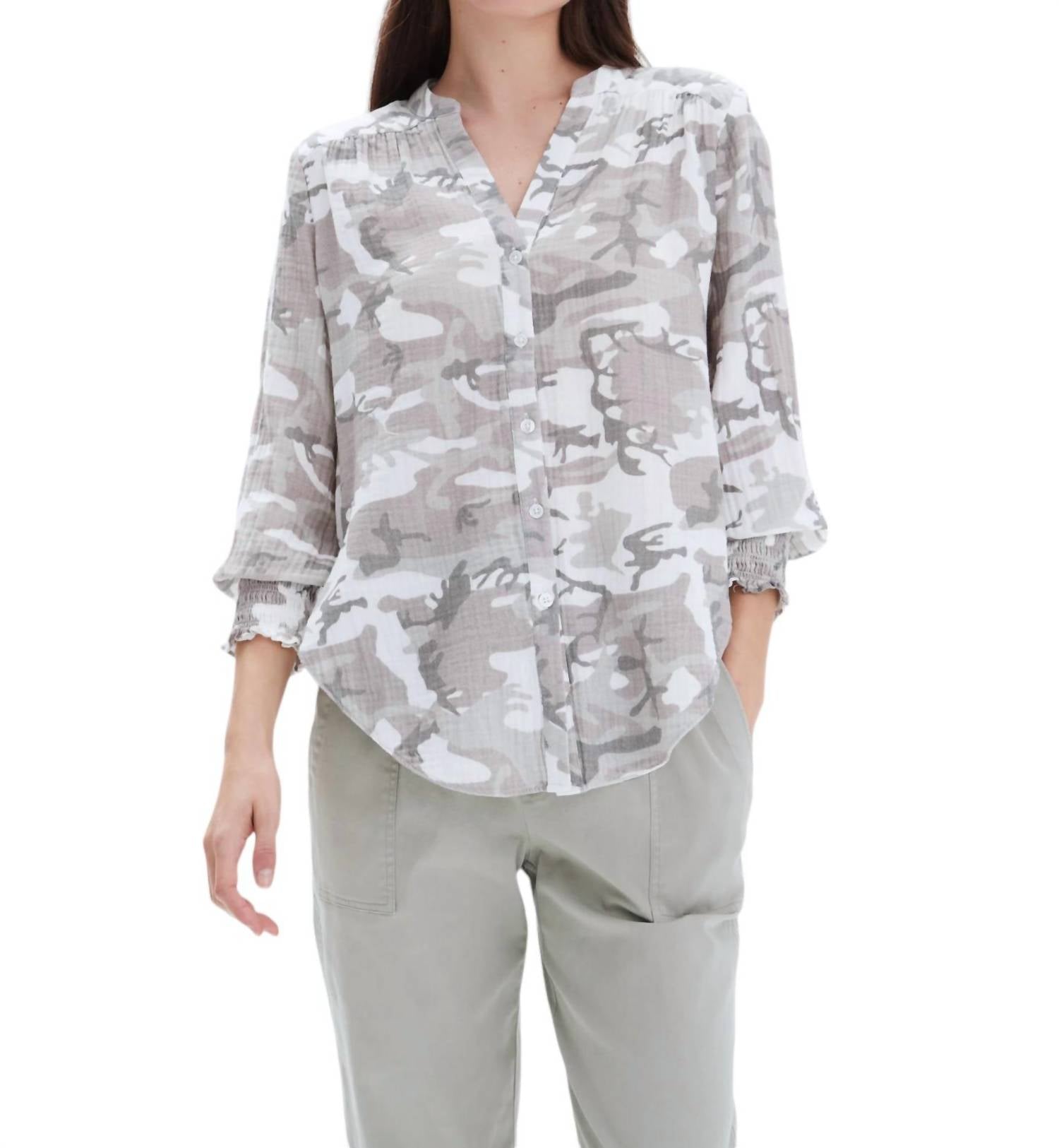 Jenny Kragenloses Hemd in Grau Camo
