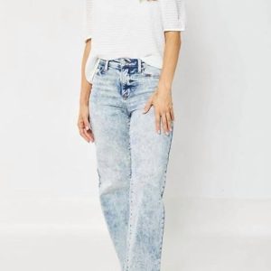 hohe Taille roh Saum breite Bein Jeans in Mineralwäsche 7703648436284