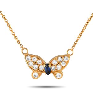 Van Cleef & Arpels Papillon 18 Karat Gelbgold Diamant und blaue Saphir Halskette VC23 -012524