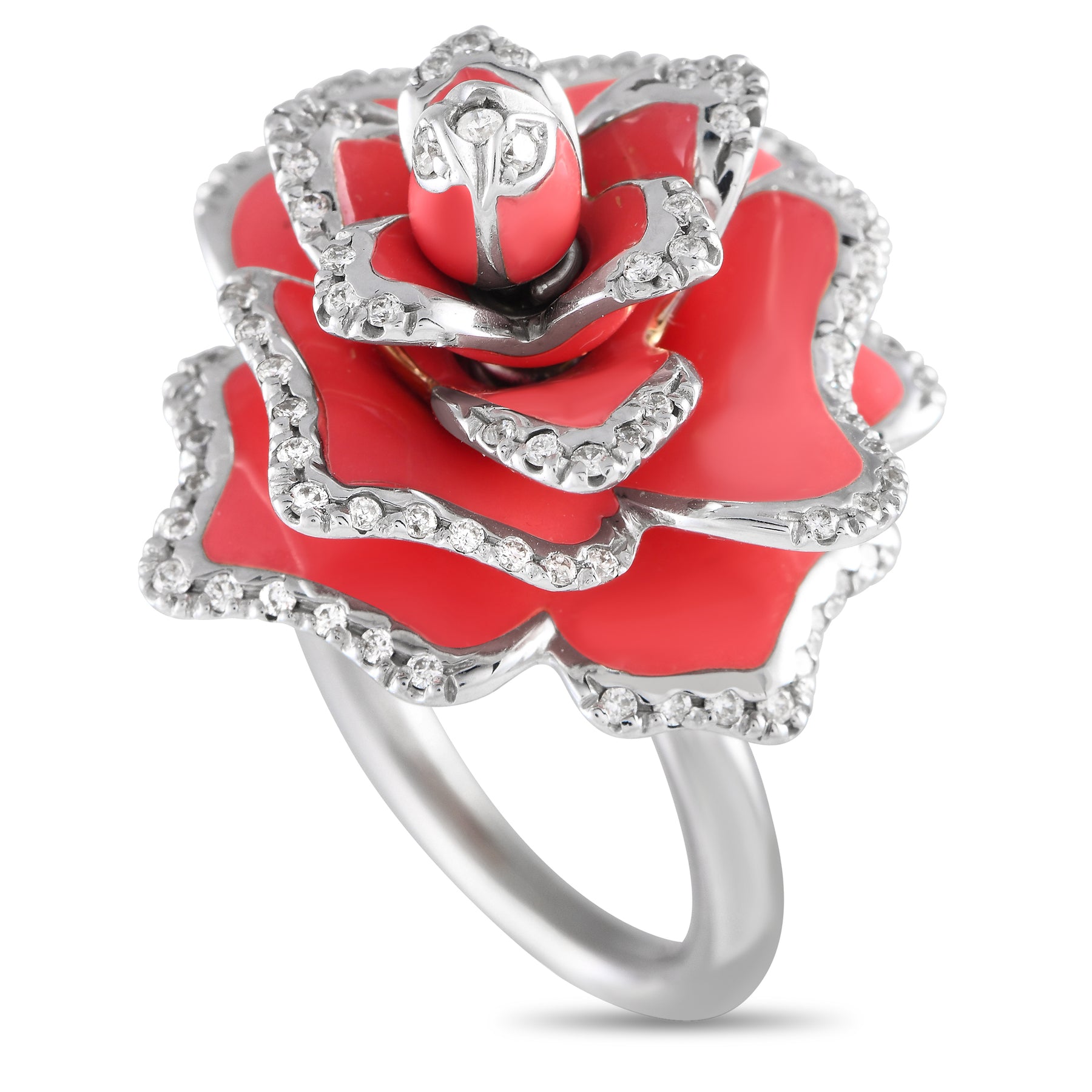 Roberto Münze 18 Karat Weißgold 0.55ct Diamant Emaille Rot Rose Statement Ring RC02 -040124