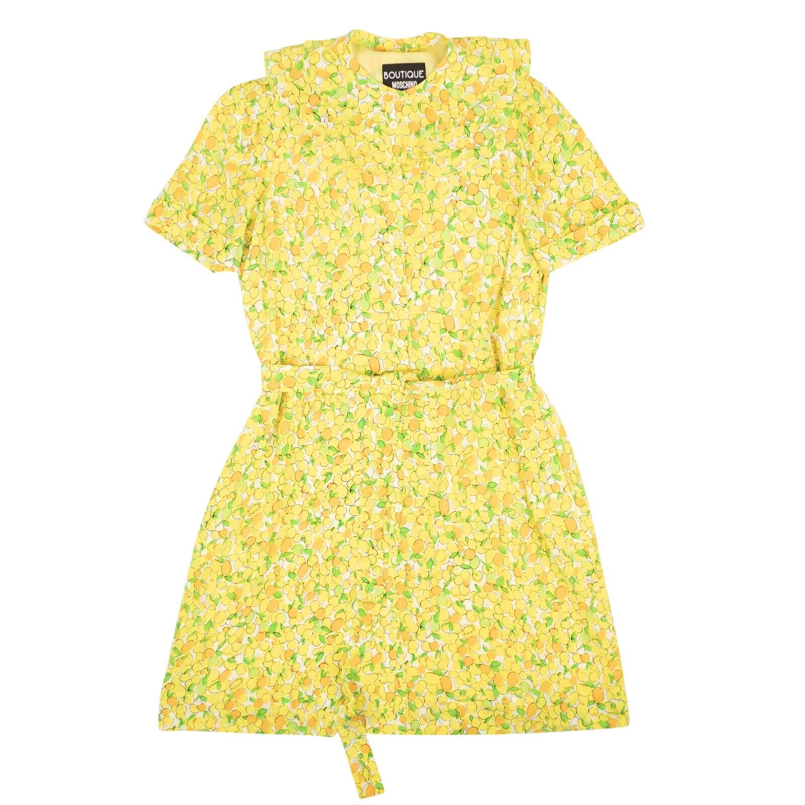 NWT BOUTIQUE MOSCHINO Gelbe Zitrone Muster Seide Rüschen Neck Kleid