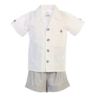 Baby Jungen Hellgrau Poly Baumwollhemd Viskose Leinen Shorts Set 3-24M