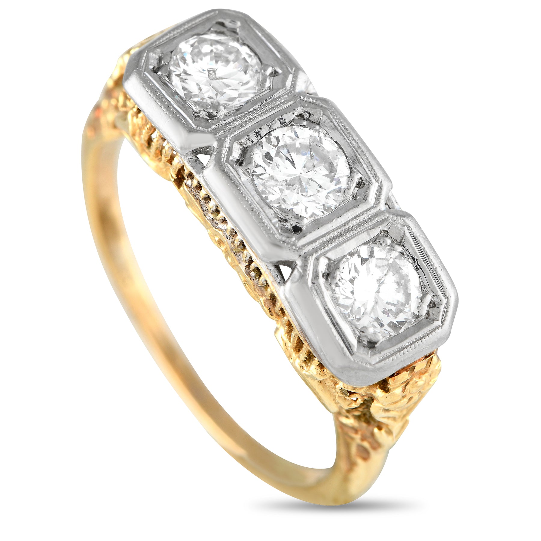 LB Exclusive Antik 14K Gelbgold und Weißgold 1.01ct Diamant Drei-Stein-Ring MF01 -021924