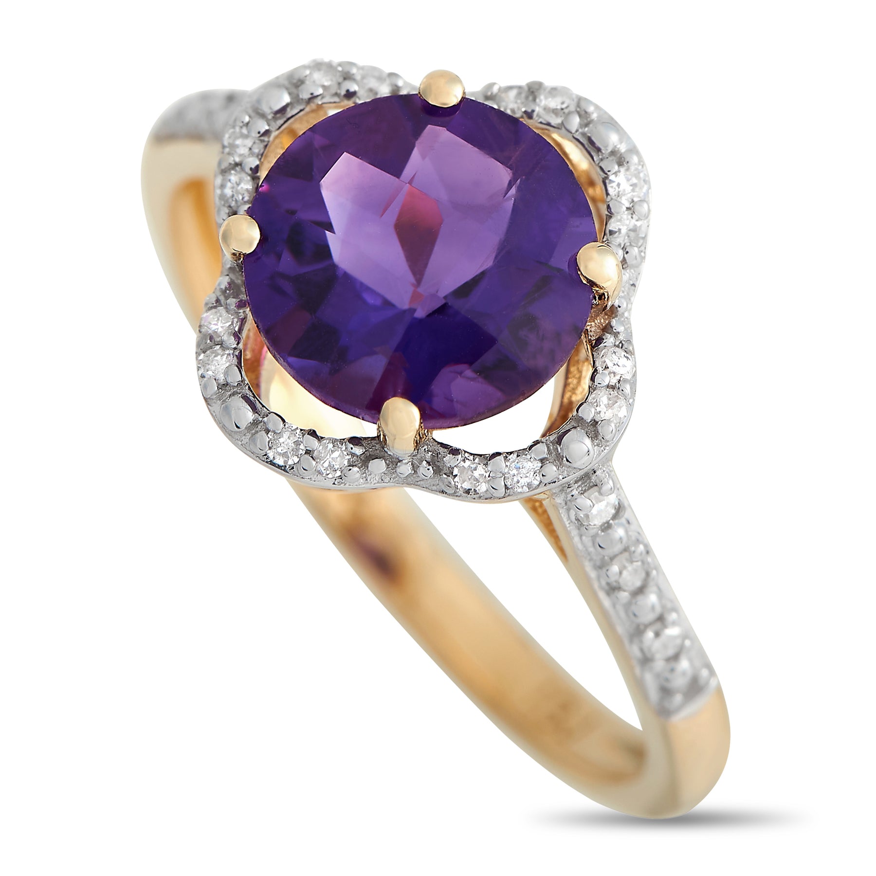 LB Exclusive 14K Gelbgold 0,10ct Diamant und Amethyst Quatrefoil Ring RC4 1976JAM