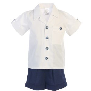 Baby Jungen Dunkelblau weiß Poly Baumwollhemd Viskose Leinen Shorts Set 3-24M