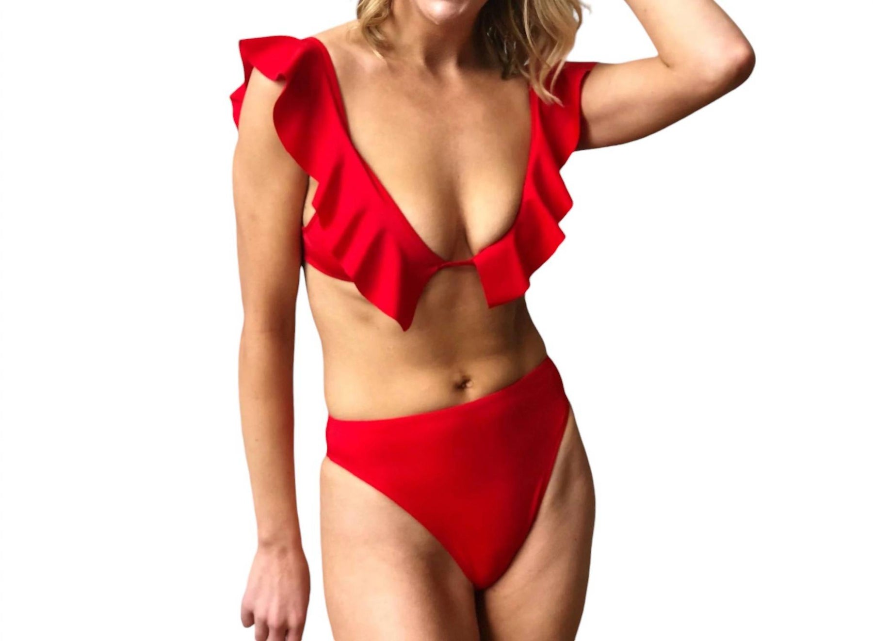 Solide hohe Taille Bikini Bottom in Rot