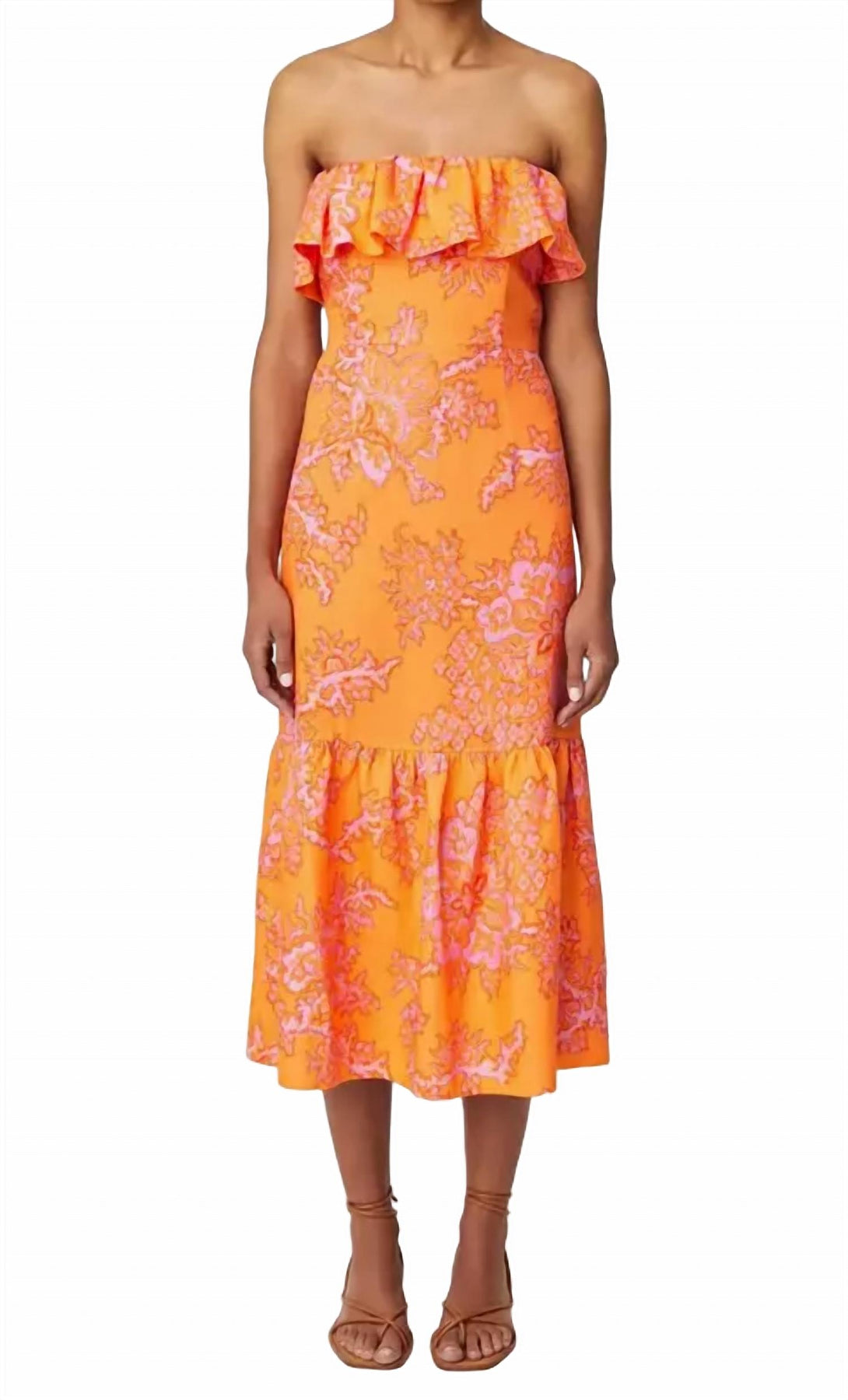 Thea Rüschen Besatz Halter Midi-Kleid in Koralle Reef Grande