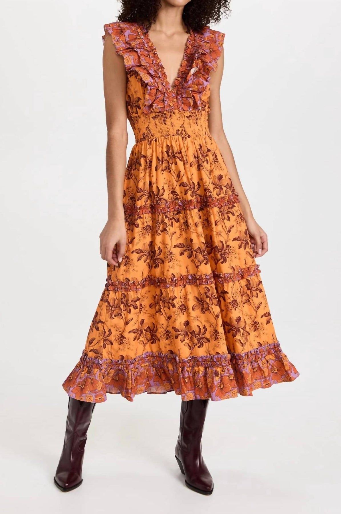 Azalea Rüschen Midi-Kleid in Beryl Mango Muster