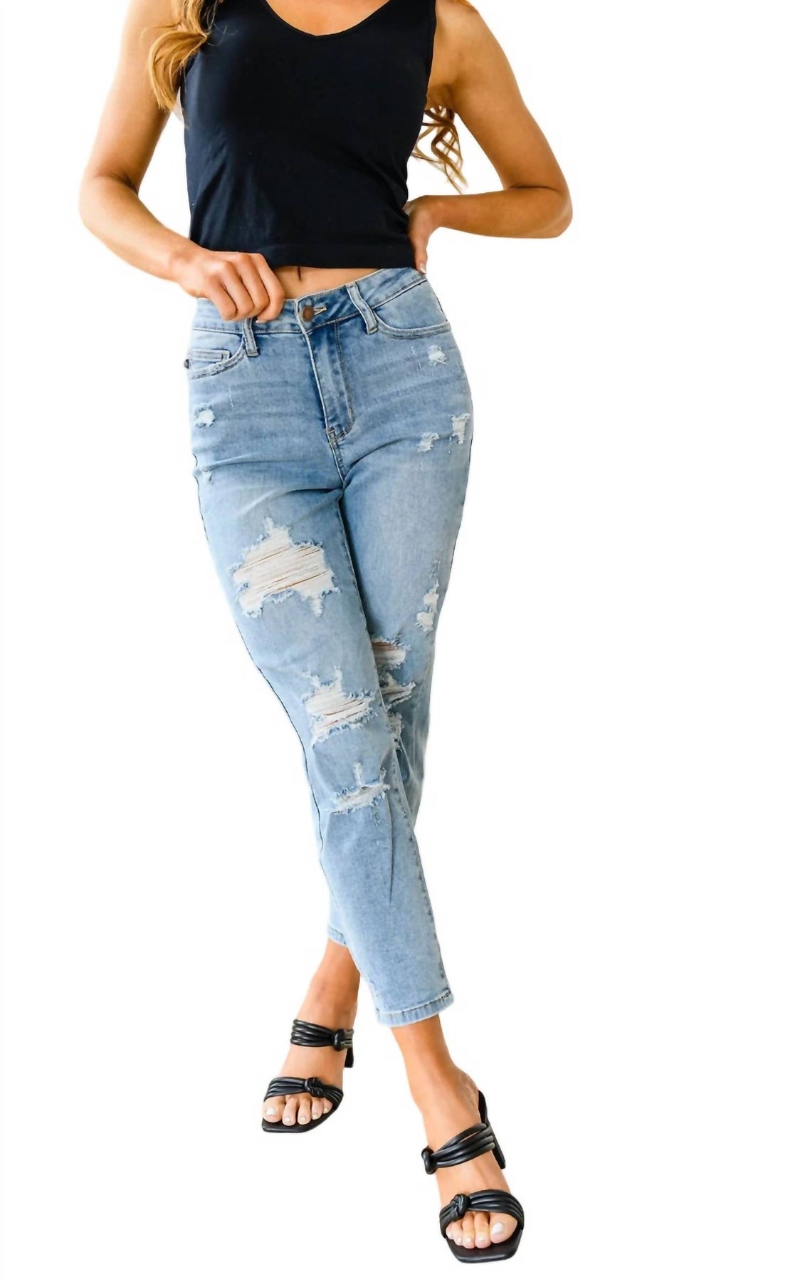 Hohe Taille zerstört Freund Jeans in Licht waschen