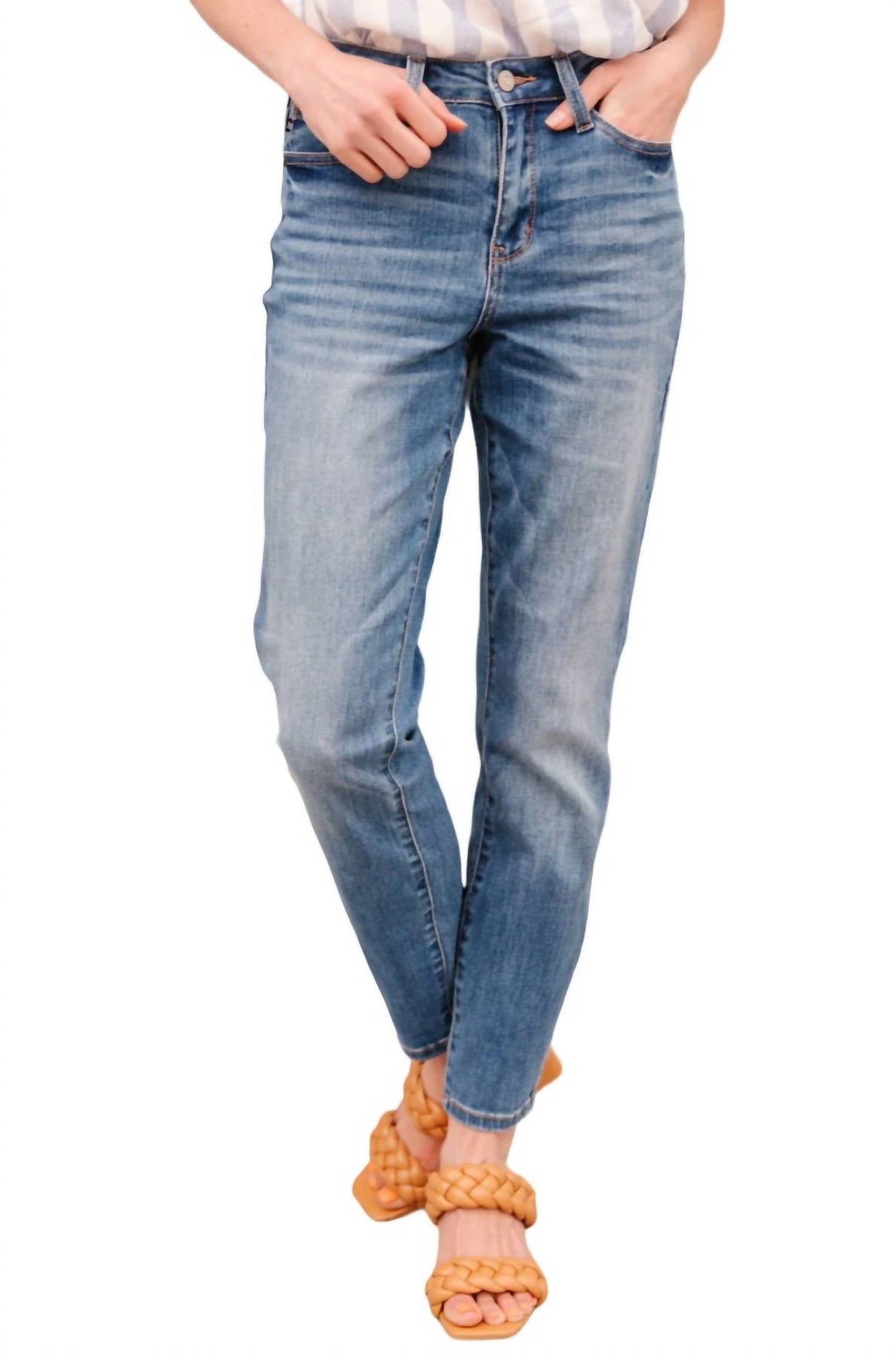 Schmale Passform Jeans mit hoher Taille in dunkler Waschung