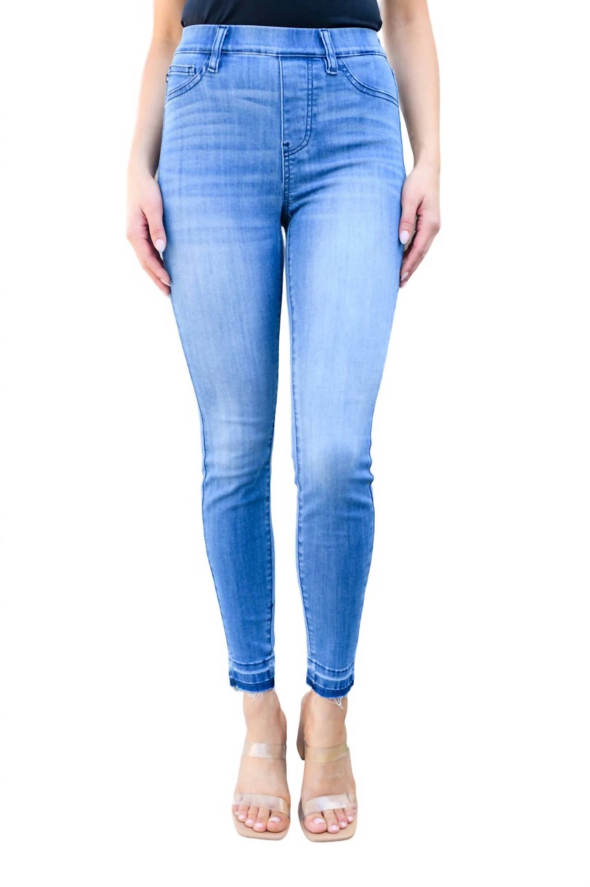 Hoher Bund Pull auf Release Hem Skinny Jeans in mittlerer Waschung
