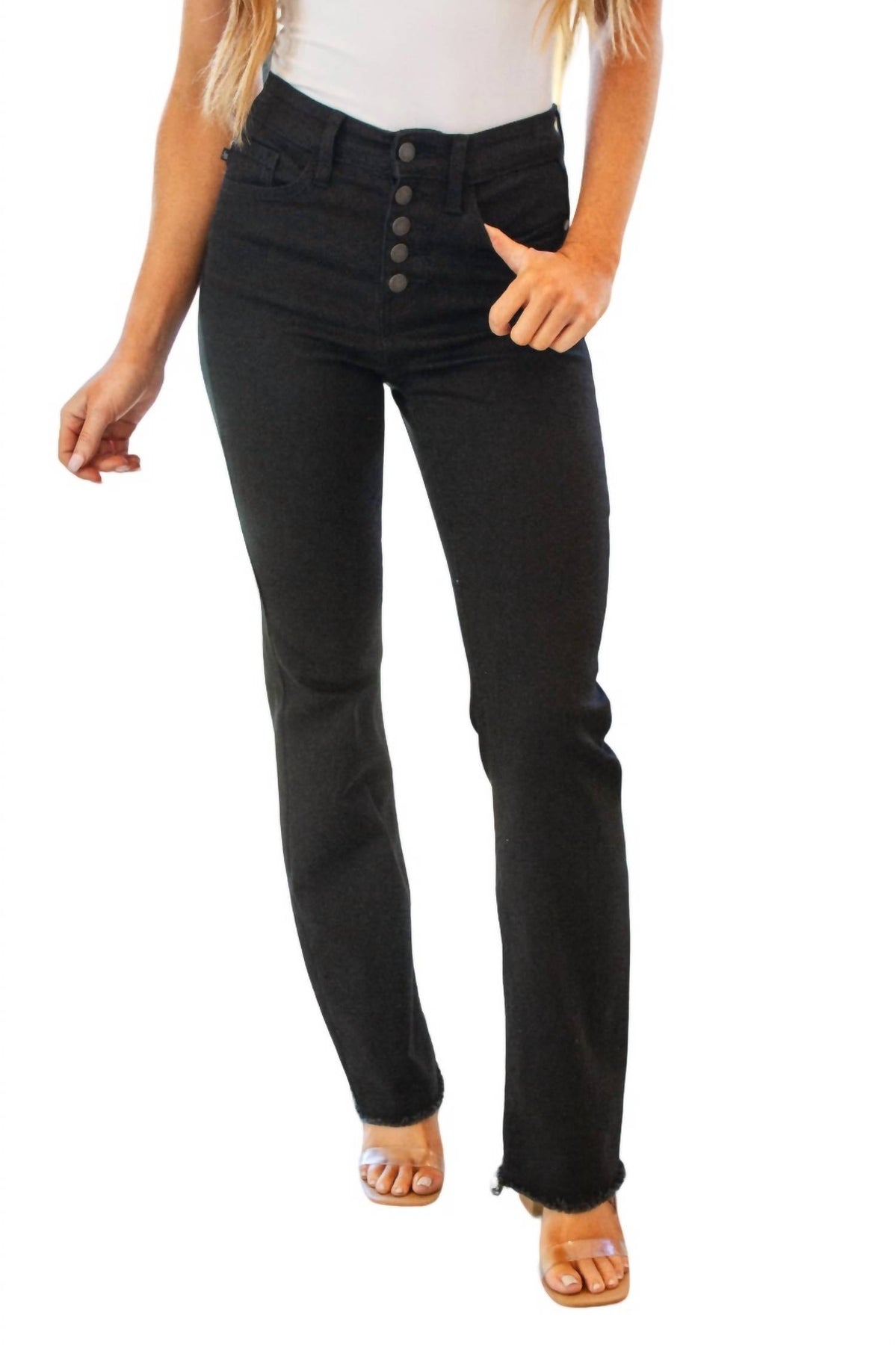 Hoher Bund Knopf Fly Bootcut Jeans in Schwarz