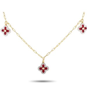 LB Exclusive 14K Gelbgold 0,25ct Diamant und rote Emaille drei Blume Halskette – NK01431