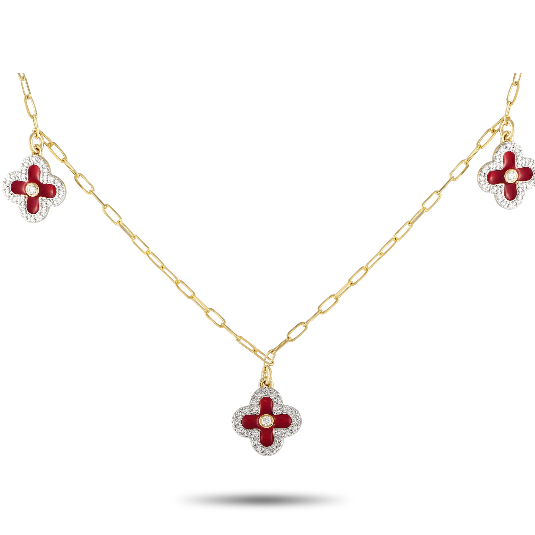 LB Exclusive 14K Gelbgold 0,25ct Diamant und rote Emaille drei Blume Halskette NK01431