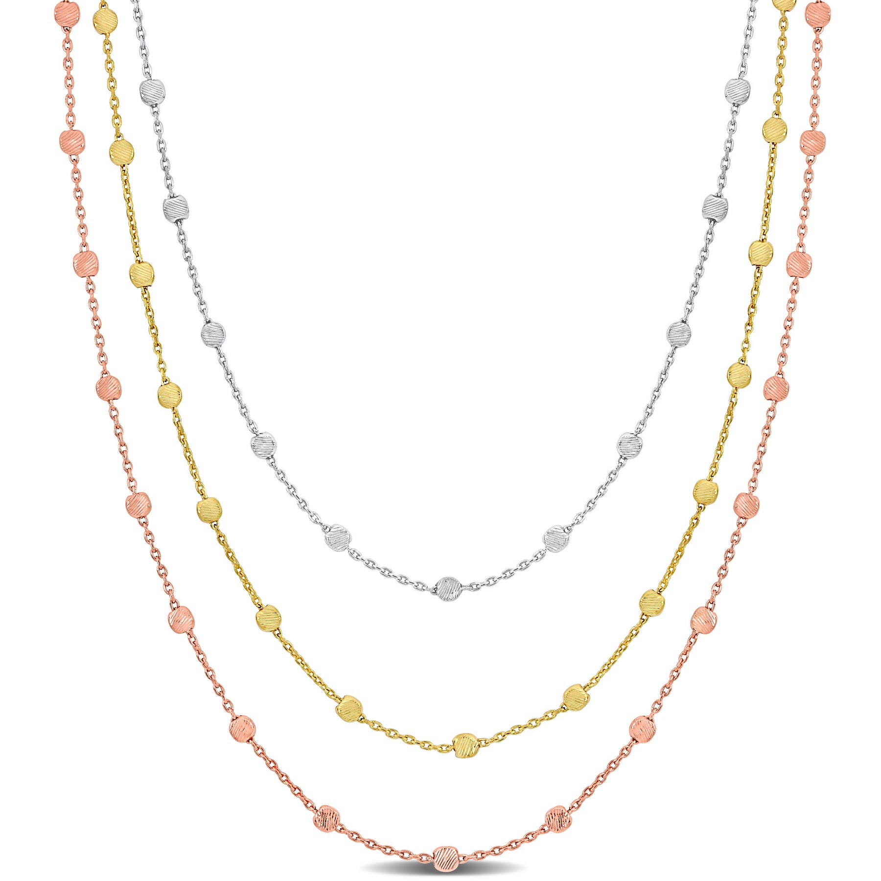 Mimi & Max 3-Strand Ball Station Halskette in 3-Ton Rose gelb und weiß Sterling Silber – 16+2 in