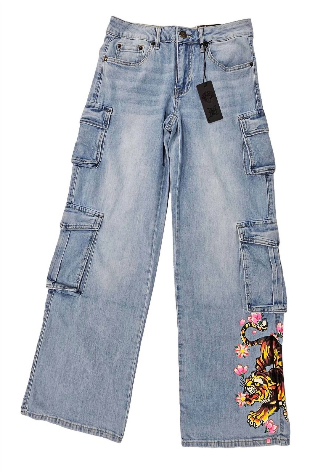 Damen Tiger Blumen Cargo Jean im Retro-Licht