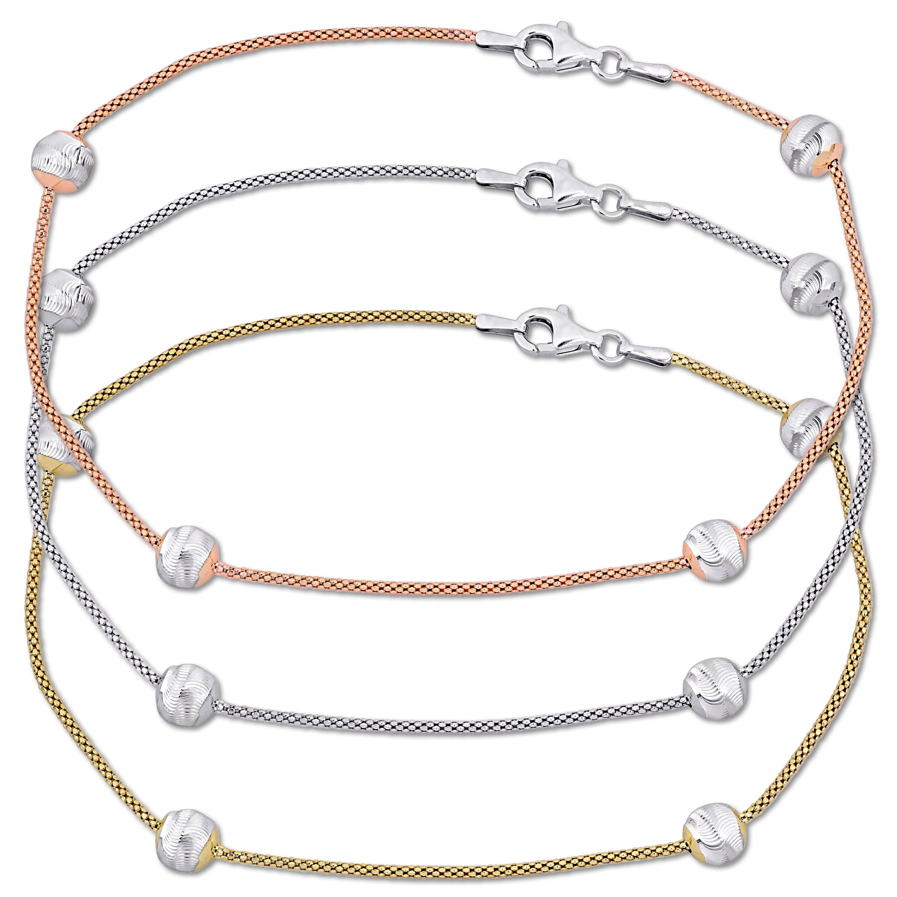 Mimi & Max 3 Stück Fußkettchen Set 6mm Kugelkette Weiß Gelb und Rose Silber – 9 Zoll