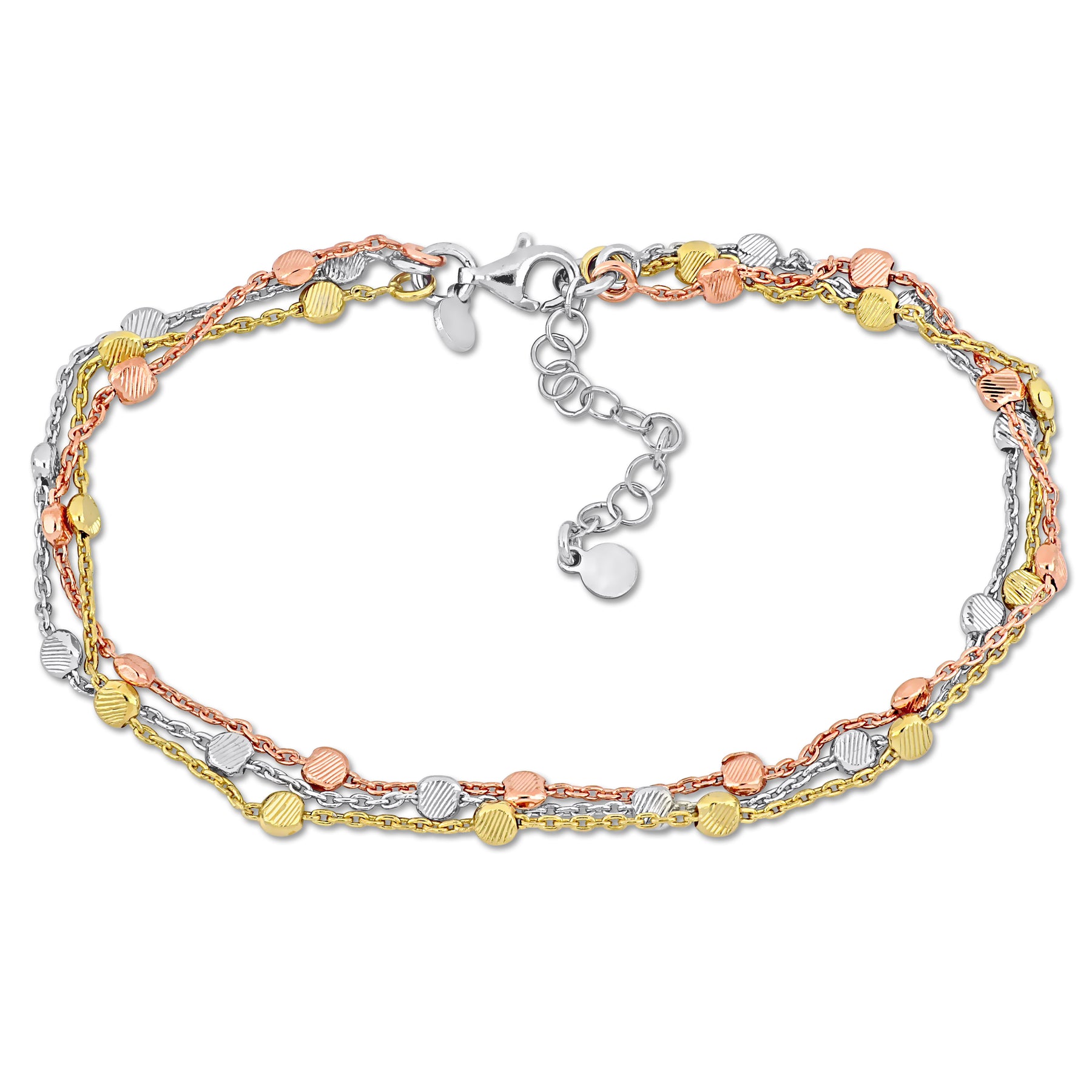 Mimi & Max Mehrfarbig-Strang Fußkettchen mit Karabinerverschluss in 3-Tone Rose – Gelb und Weiß Sterling Silber – 9 Zoll