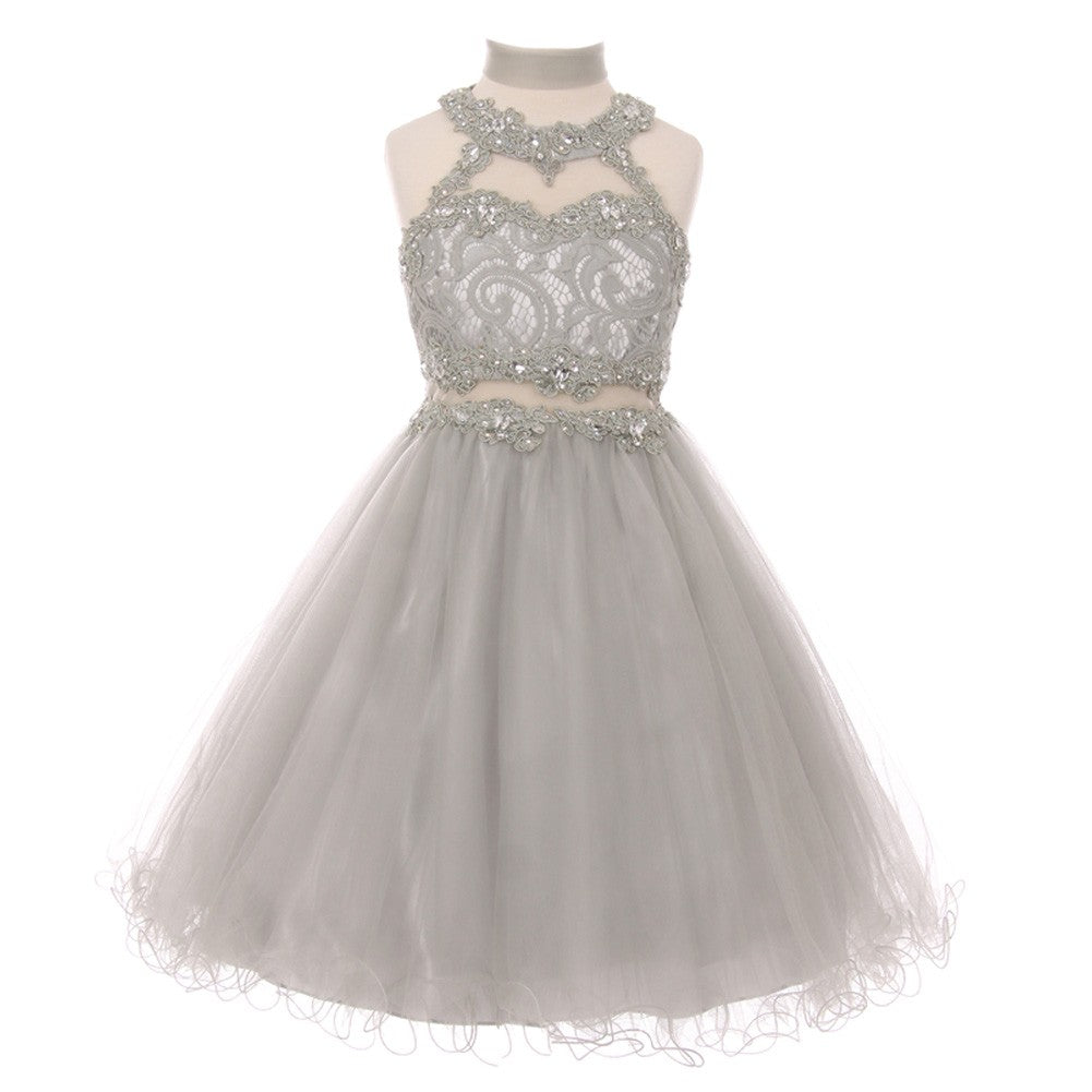 Kleine Mädchen Silber Strass Halter Hals Spitze Tüll Blumenmädchen Kleid 4-6