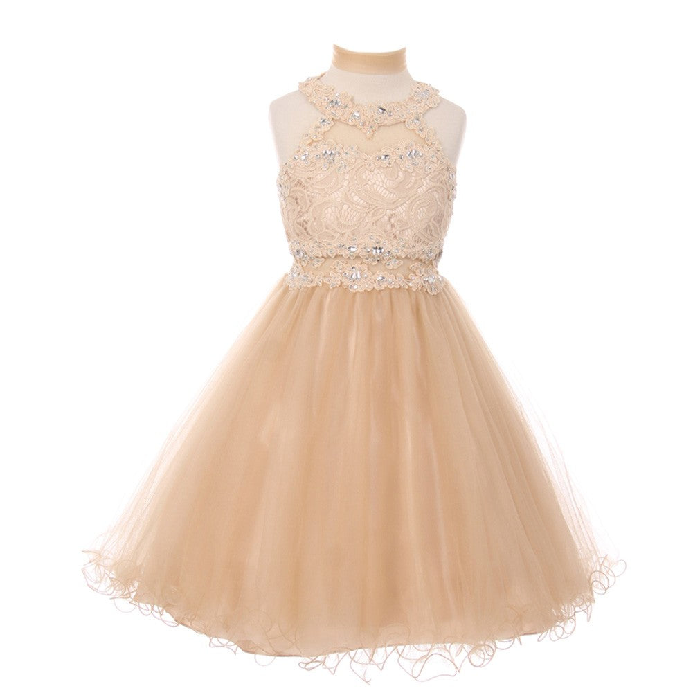 Große Mädchen Champagner Strass Halter Hals Spitze Junior Brautjungfernkleid 8-20