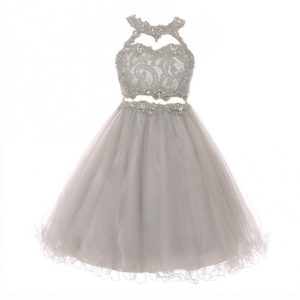 Junior-Brautjungfernkleid für große Mädchen, silberfarben, Strass, Neckholder, Spitze, Tüll, Größe 8–20