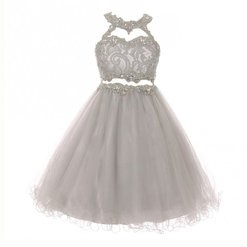 Große Mädchen Silber Strass Halter Hals Spitze Tüll Junior Brautjungfer Kleid 8-20