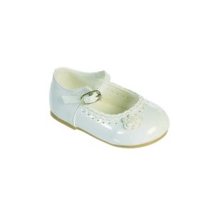 Elfenbeinfarbene, geflochtene Kanten und Blumen-Lackleder-Kleiderschuhe für kleine Mädchen, 5–8 Kleinkinder
