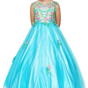 Blumenmädchenkleid für kleine Mädchen in Aqua-Rosa mit Blumenstickerei, Spitze und Tüll, Größe 4–6