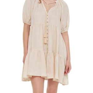 Button Front Tiered Minikleid in Creme 7803959083068