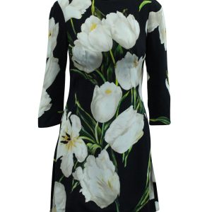 Dolce & Gabbana Tulip Print Shift Kleid in schwarzer Viskose 7703686774844