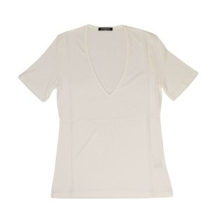 Kurzarm-Strick-T-Shirt mit tiefem V-Ausschnitt für Damen – Weiß