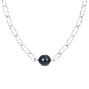 Mimi & Max 11-12mm schwarz kultiviert Süßwasser Barock Perle Papierclip Halskette in Sterling Silber – 16+2 in