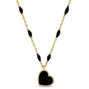 Mimi & Max Schwarze Emaille Herz Station Halskette in 14K Gelbgold – 16+2 in