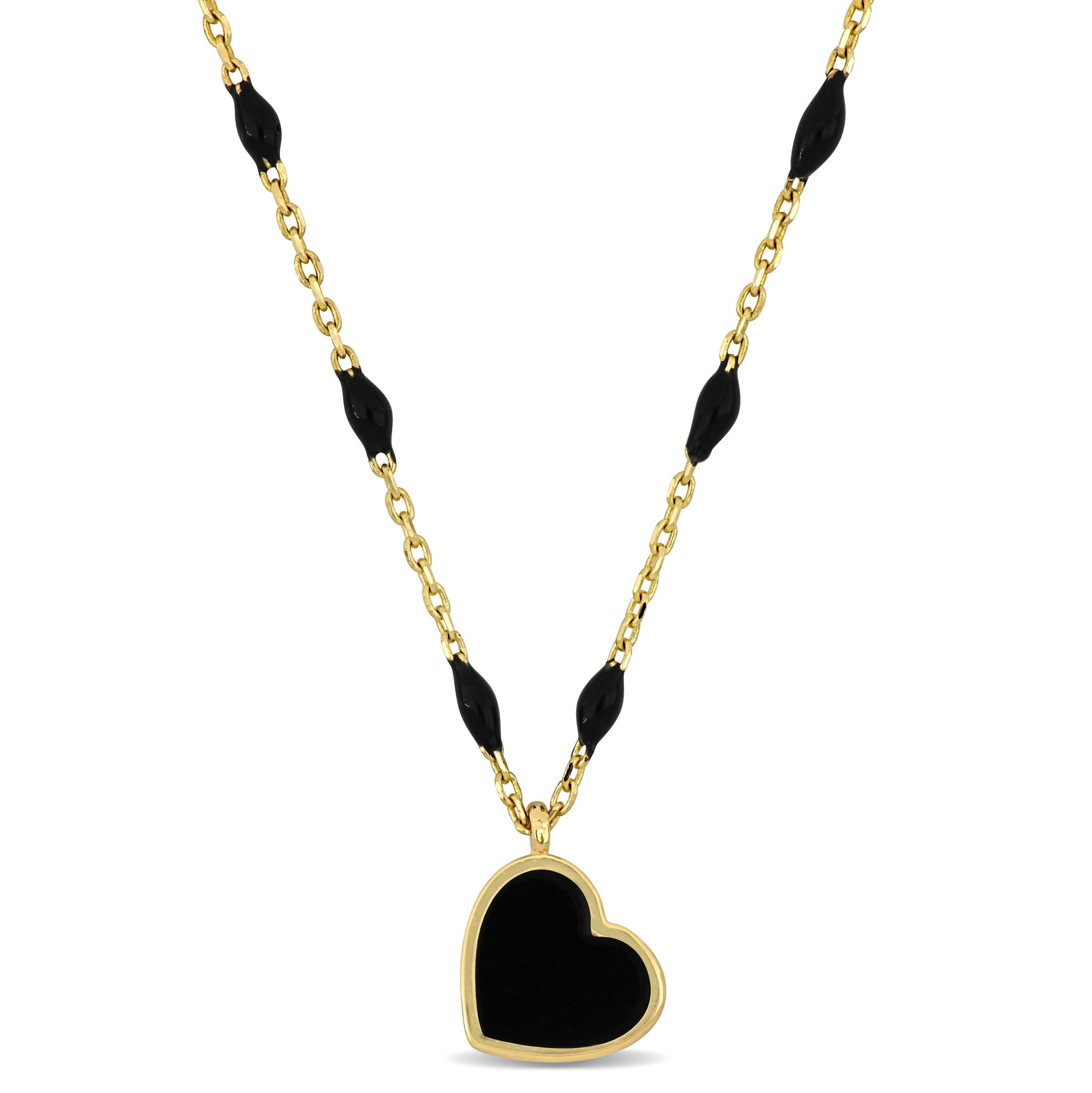 Mimi & Max Schwarze Emaille Herz Station Halskette in 14K Gelbgold – 16+2 in