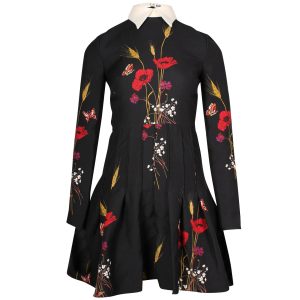 Valentino Garavani Collared Langarm-Minikleid in mit Blumenmuster bedruckter schwarzer Wolle 7703693197372