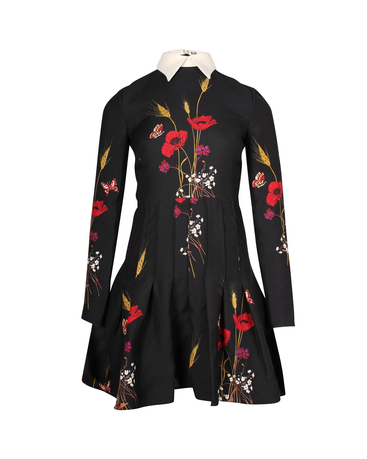 Valentino Garavani Collared Langarm-Minikleid in mit Blumenmuster bedruckter schwarzer Wolle 7703693197372