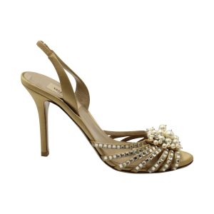 Valentino Perlen verzierte Slingback Absatzschuhe in Gold Satin