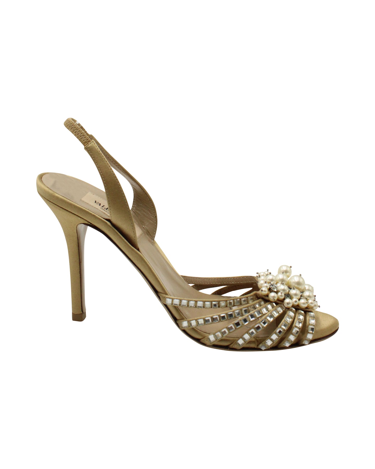Valentino Perlen verzierte Slingback Absatzschuhe in Gold Satin