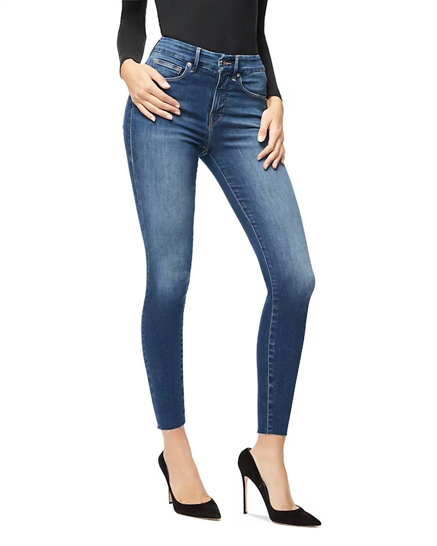 Hohe Taille Crop Raw Edge Jean in blau