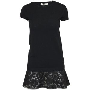 Valentino Fluted Laced Hem T-Shirt Kleid aus schwarzer Baumwolle 7703691362364
