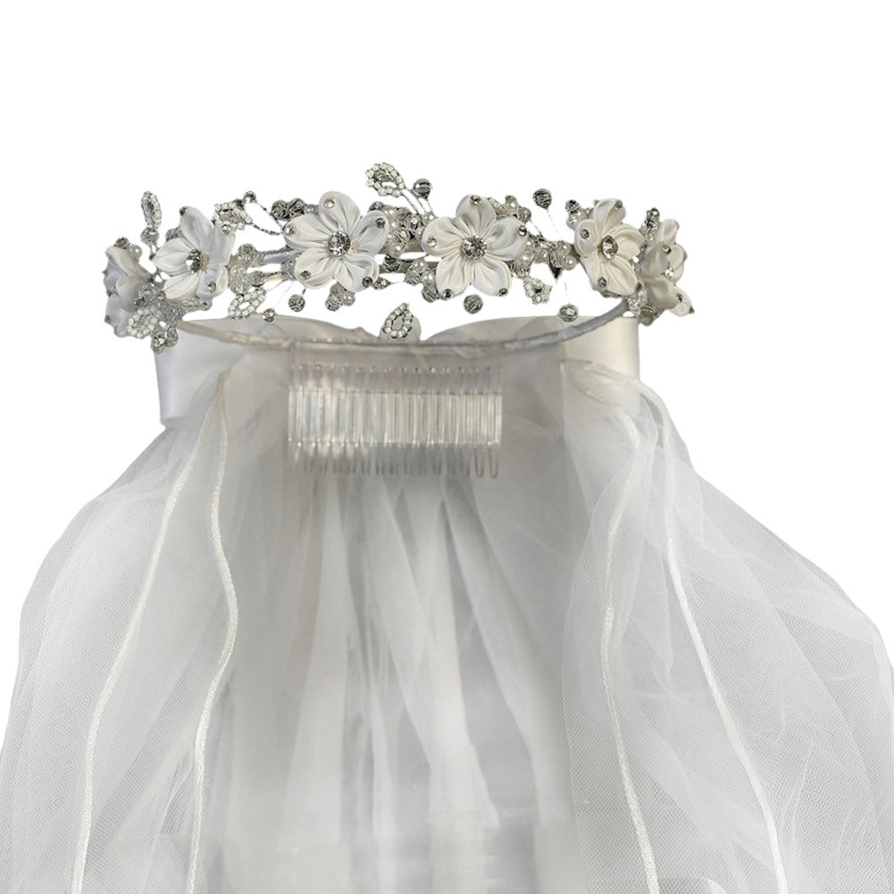 Mädchen weiß Satin Blume funkeln Strass Kopfschmuck 24 "Kommunion Schleier